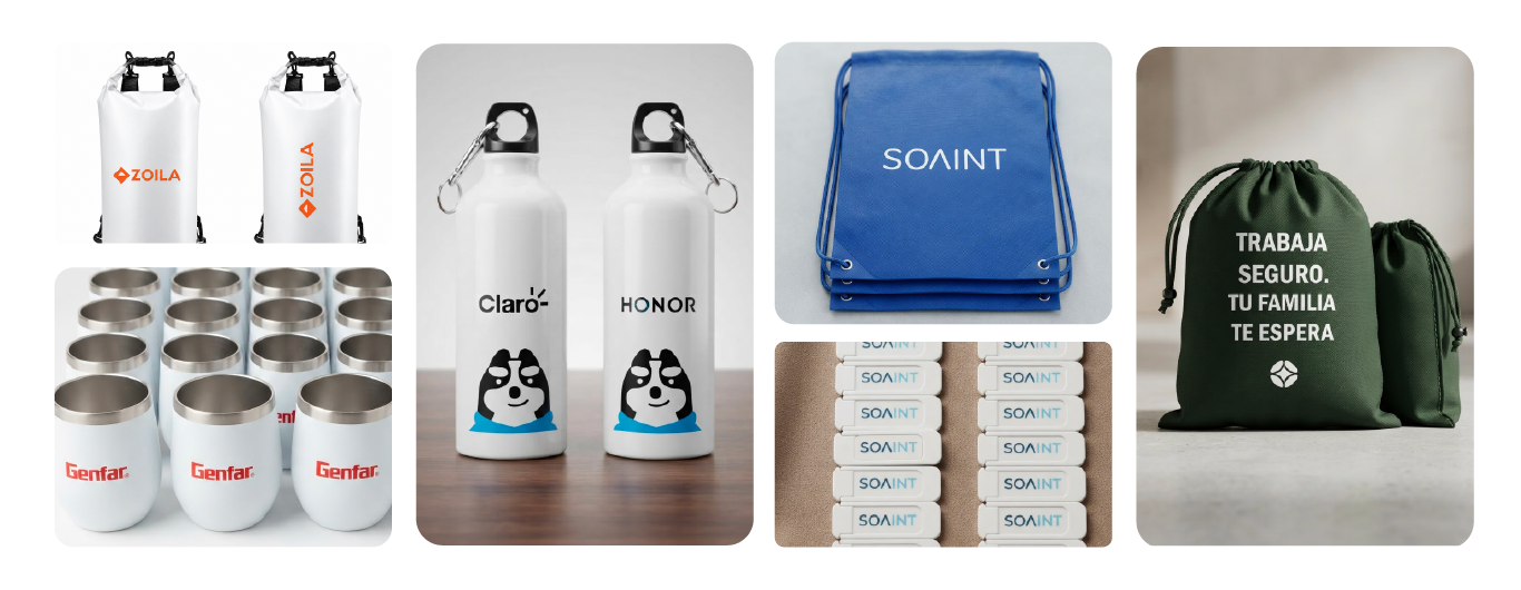 Trabajos realizados: tomatodos, tazas y mochilas con logotipos y diseños personalizados para empresas.